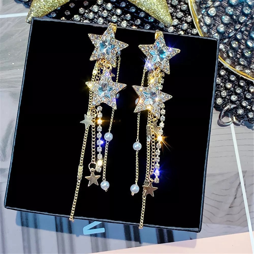 🌺Shiny Star Long Tassel crystal Drop earring - Picture 3 of 16